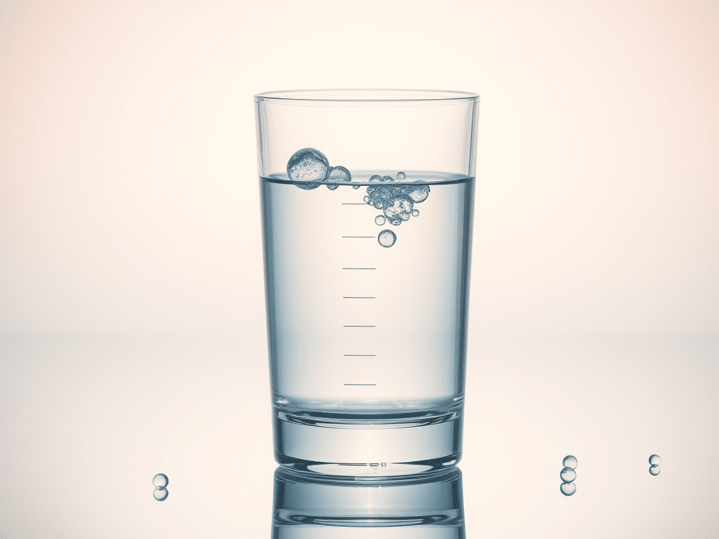 Clear glass of purified water with rising bubbles on a reflective surface, symbolizing hydration, alkaline balance, and internal wellness