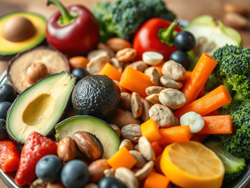Vibrant platter of colorful fruits and healthy fats, representing nutritious eating and brain-boosting superfoods