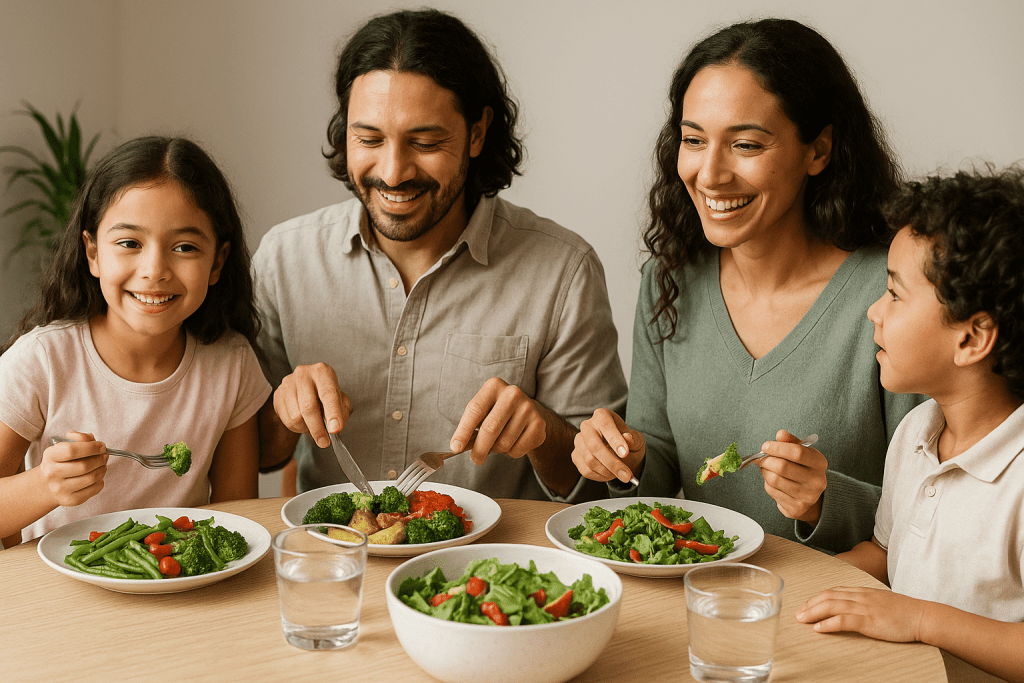 Family of four enjoying a healthy alkaline-friendly dinner with fresh vegetables, salads, and lemon water, illustrating family-friendly alkaline lifestyle habits