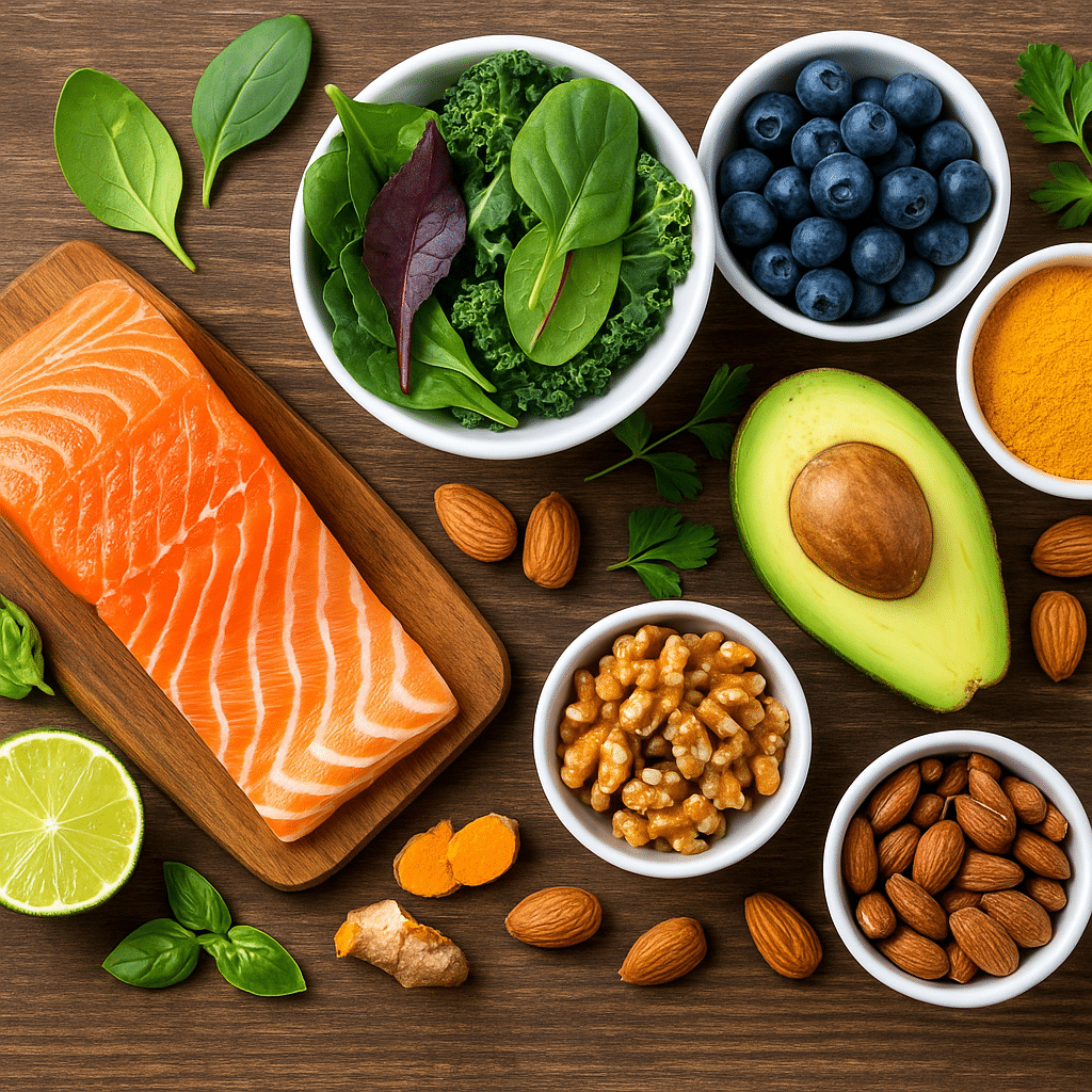 A farm-to-table spread of anti-inflammatory foods — salmon, greens, blueberries, turmeric, avocado, and nuts — supporting natural wellness and clarity.