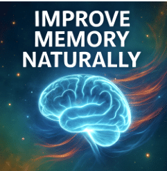 Glowing digital brain with text “Improve Memory Naturally,” symbolizing natural cognitive enhancement and brain supplement support