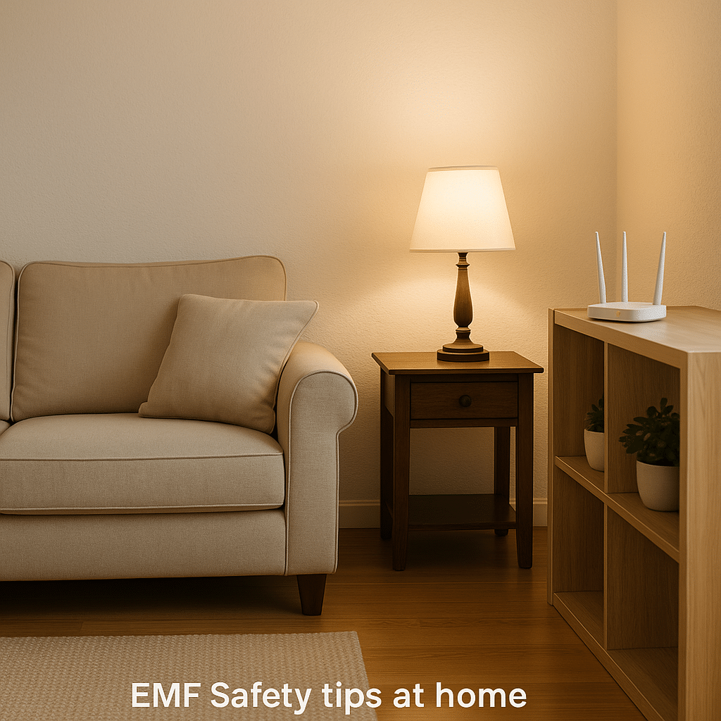 Living room showing sofa and Wi-Fi router placed away from seating area as an emf safety tip