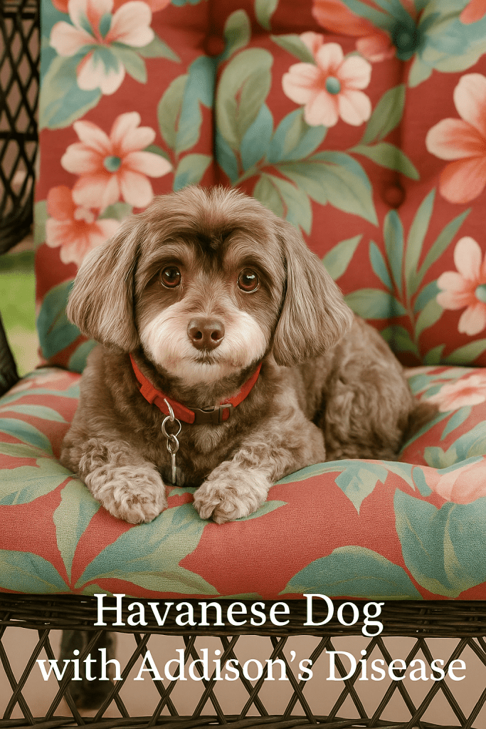 Miss Prada’s Dog Health Journey Chocolate and white Havanese dog on a floral cushion in a wicker chair, representing comfort during a long health journey