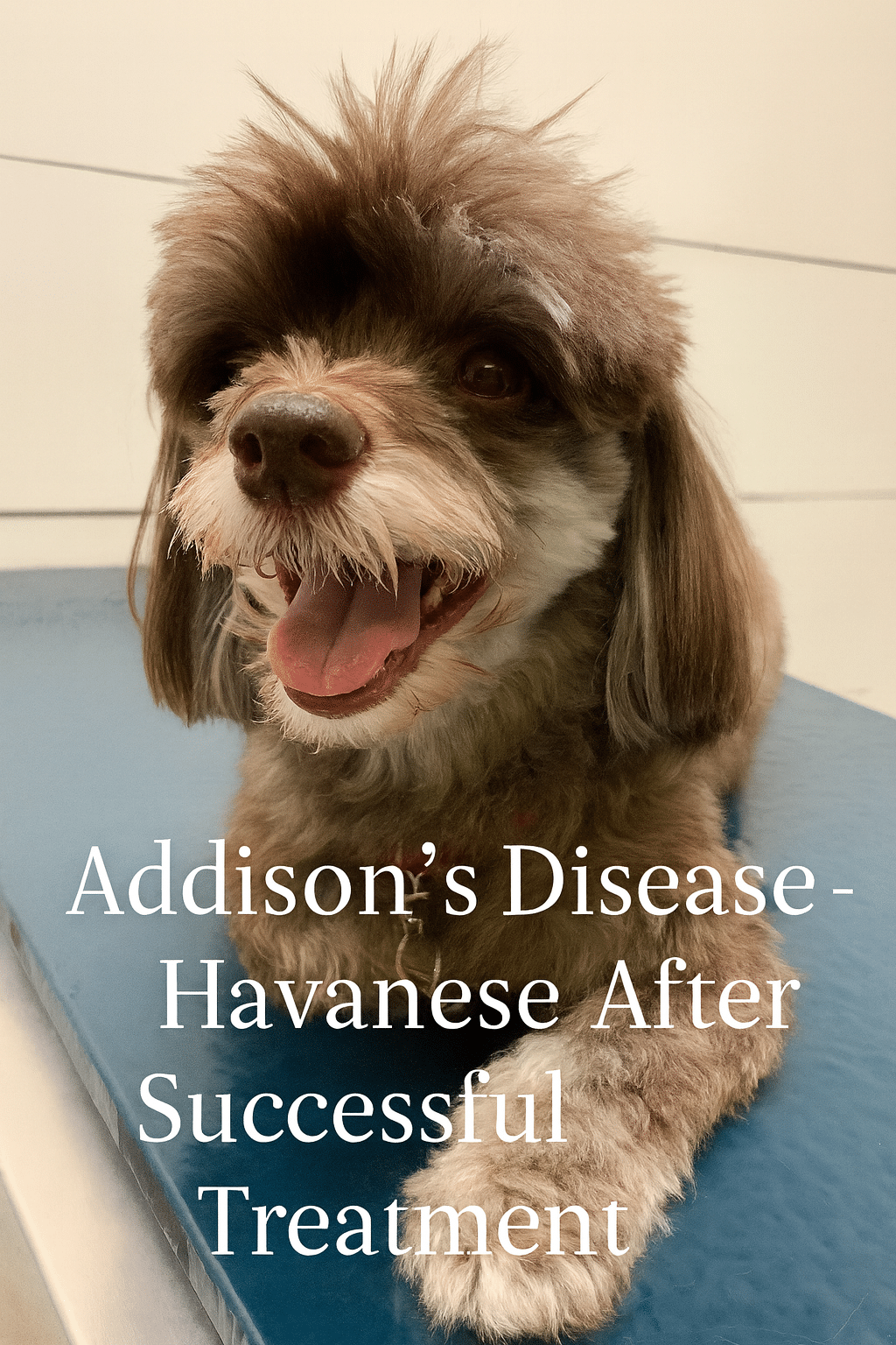 Addison’s Disease Checkup — Miss Prada Smiling chocolate and white Havanese dog on a vet exam table during a checkup for Addison’s Disease