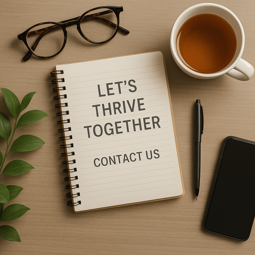 Flat lay with notebook showing “Let’s Thrive Together – Contact Us” alongside tea, glasses, pen, and plant on a wooden desk, representing calm and connection