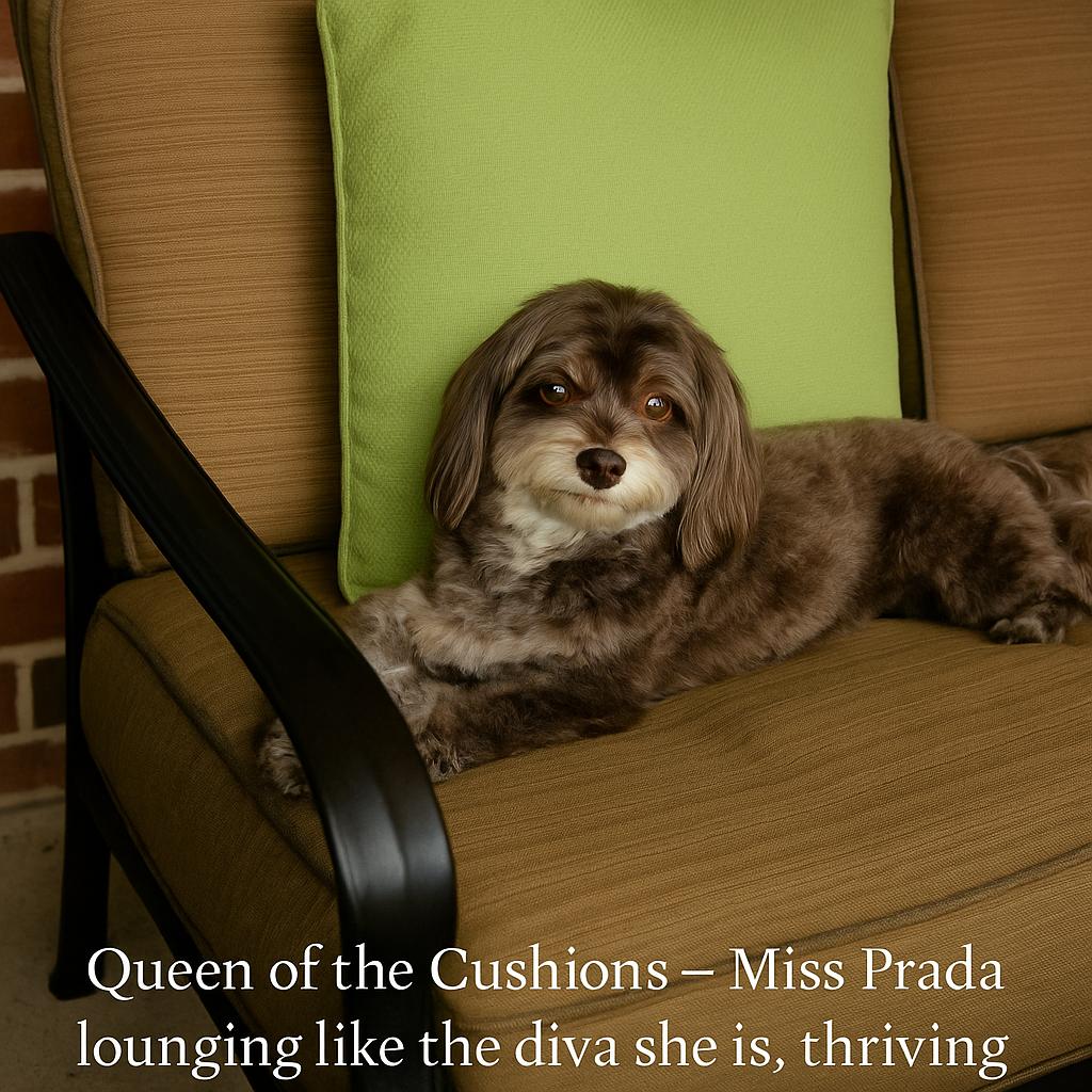 Miss Prada lounging on a cushion, representing her dog health journey and thriving spirit