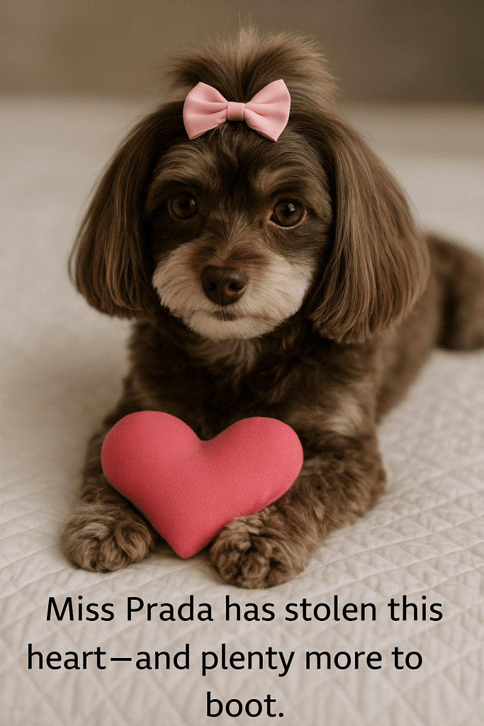 Miss Prada sassy with her pink bow and favorite heart toy