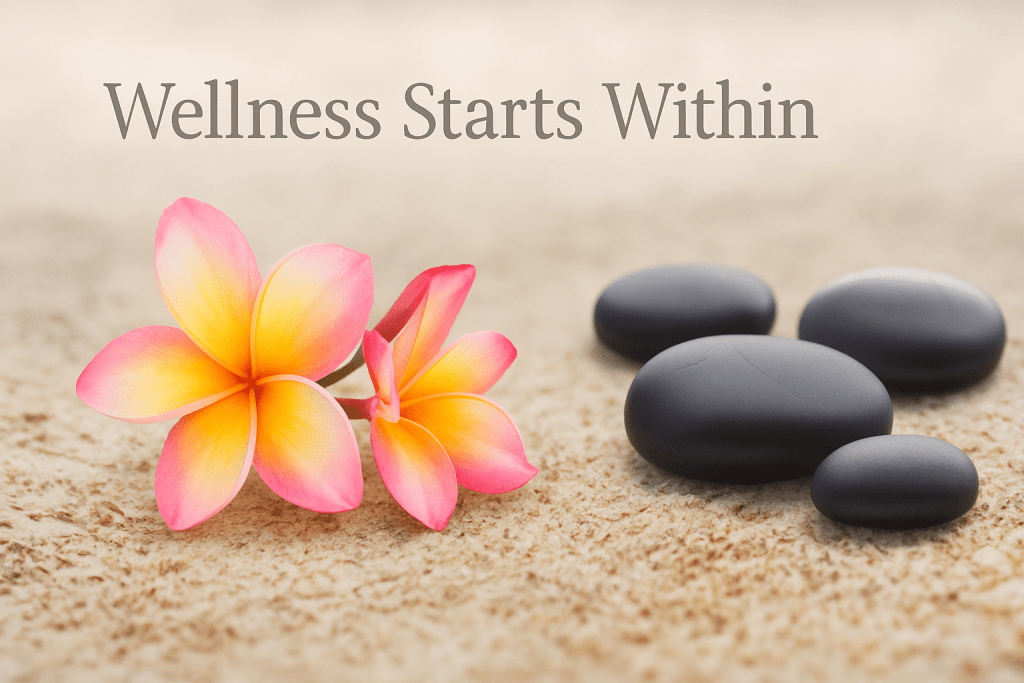 Pink and yellow plumeria flowers beside smooth black stones on beach sand, symbolizing calm, wellness, and healing