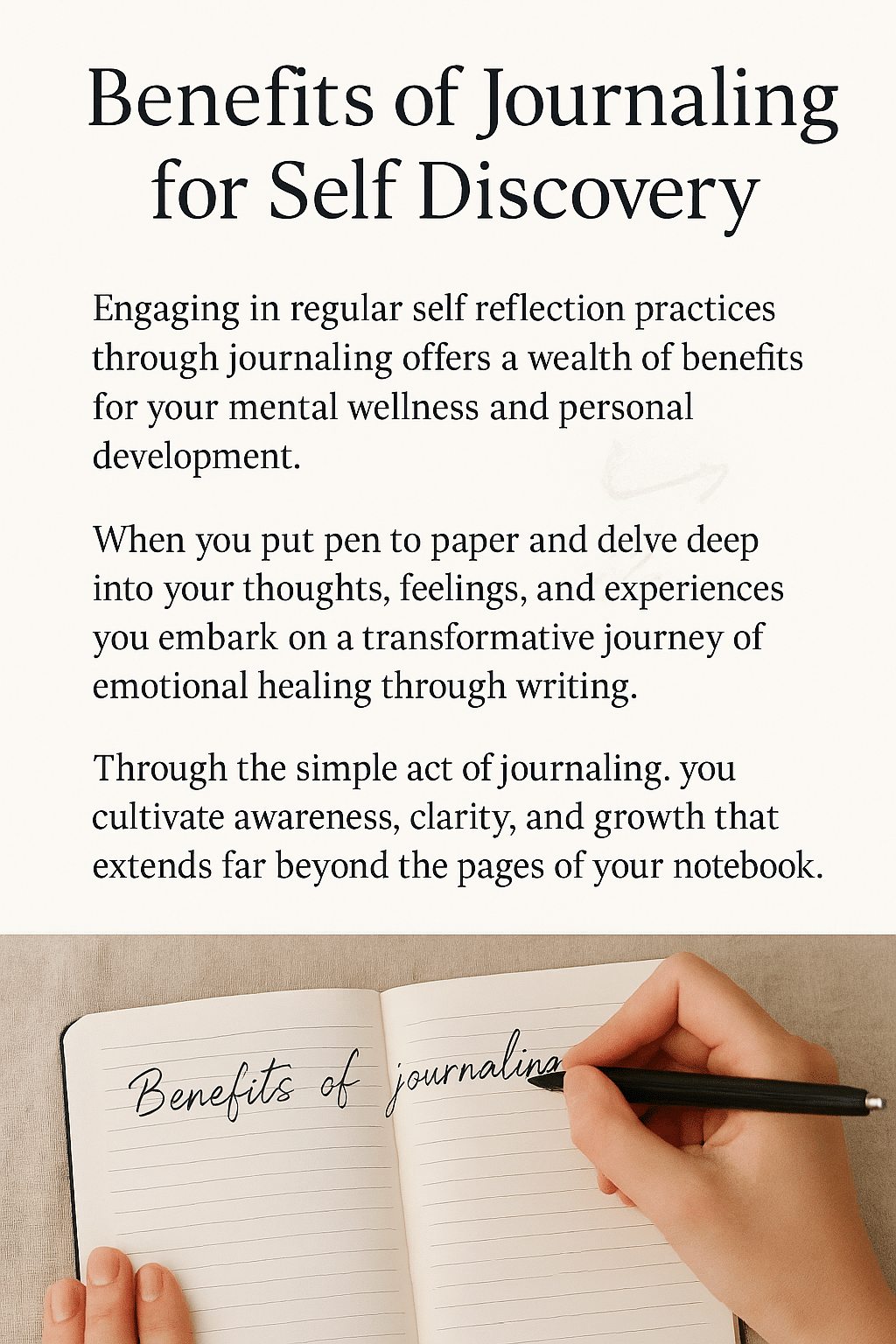 Woman writing in a journal about the benefits of journaling for self discovery, reflection, and personal growth