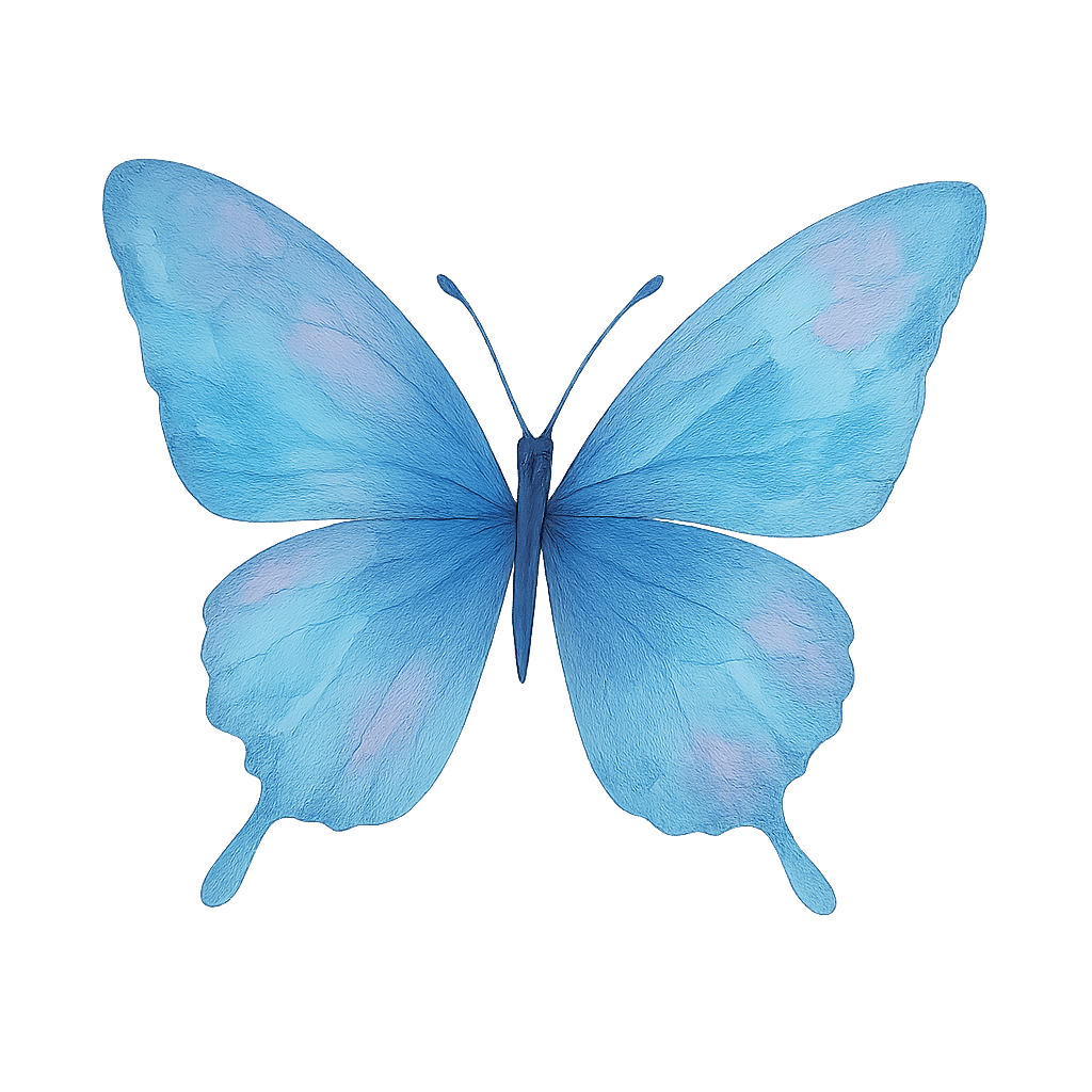 Watercolor illustration of a blue butterfly angled slightly, symbolizing transformation, hope, and inspiration.
