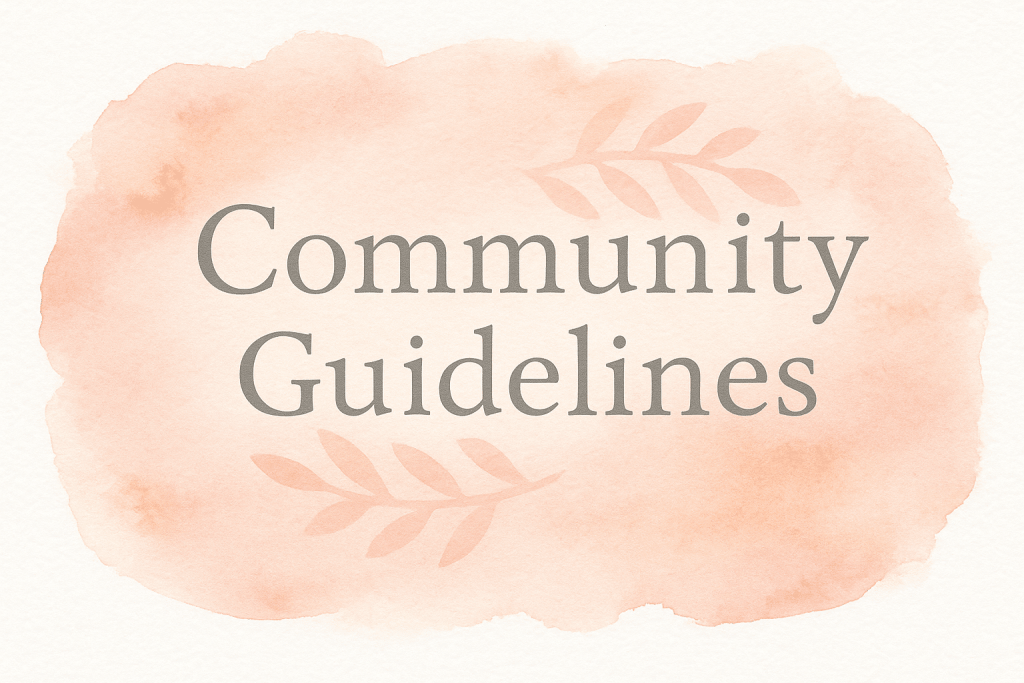 Watercolor banner with the words Community Guidelines in elegant gray lettering on a blush and coral background with subtle laurel leaves