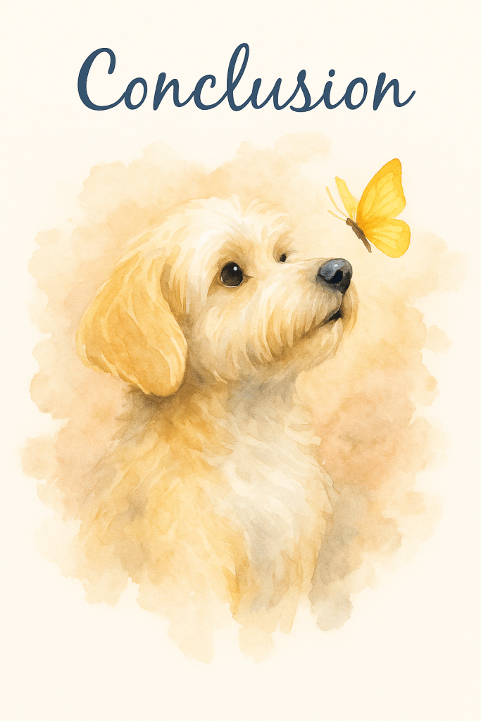 Watercolor illustration of a small dog gazing at a yellow butterfly, symbolizing hope, care, and finding the right vet.