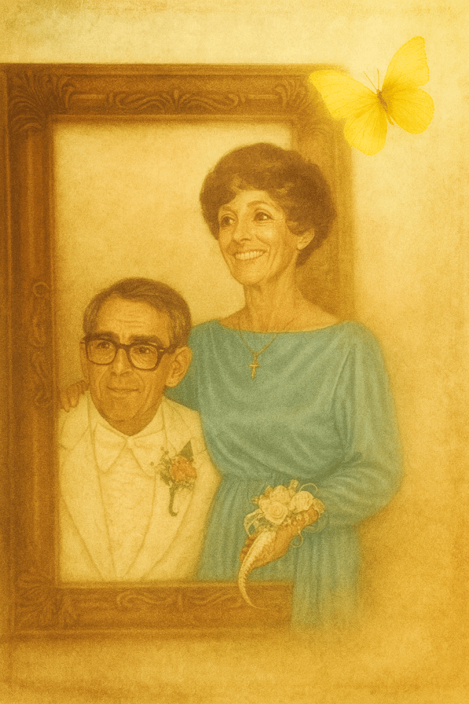 Watercolor-style portrait of Jacqualyn's smiling parents in a vintage frame with warm golden tones, symbolizing love, resilience, and the healing power of giving back, with a delicate yellow butterfly in the corner