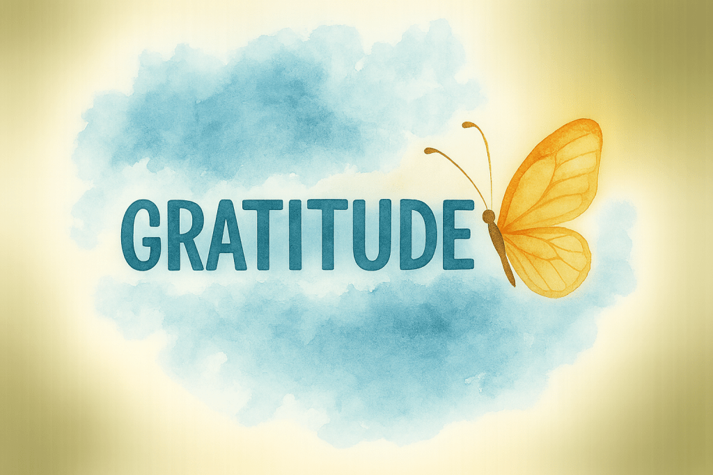 Watercolor art with the word Gratitude and a yellow butterfly symbolizing healing, transformation, and journaling for self discovery