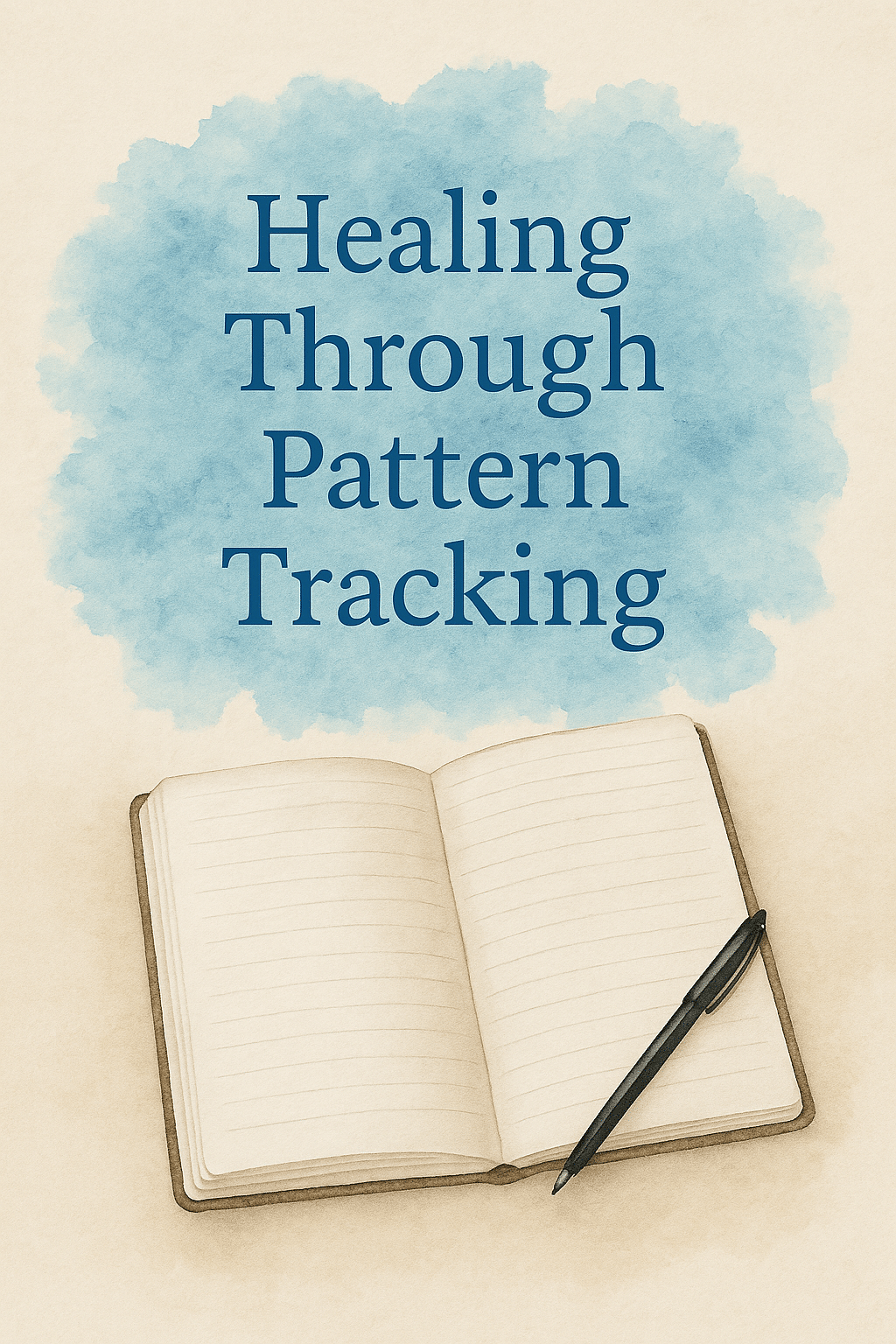 Watercolor illustration of an open journal and pen symbolizing healing through pattern tracking, self reflection practices, and personal growth