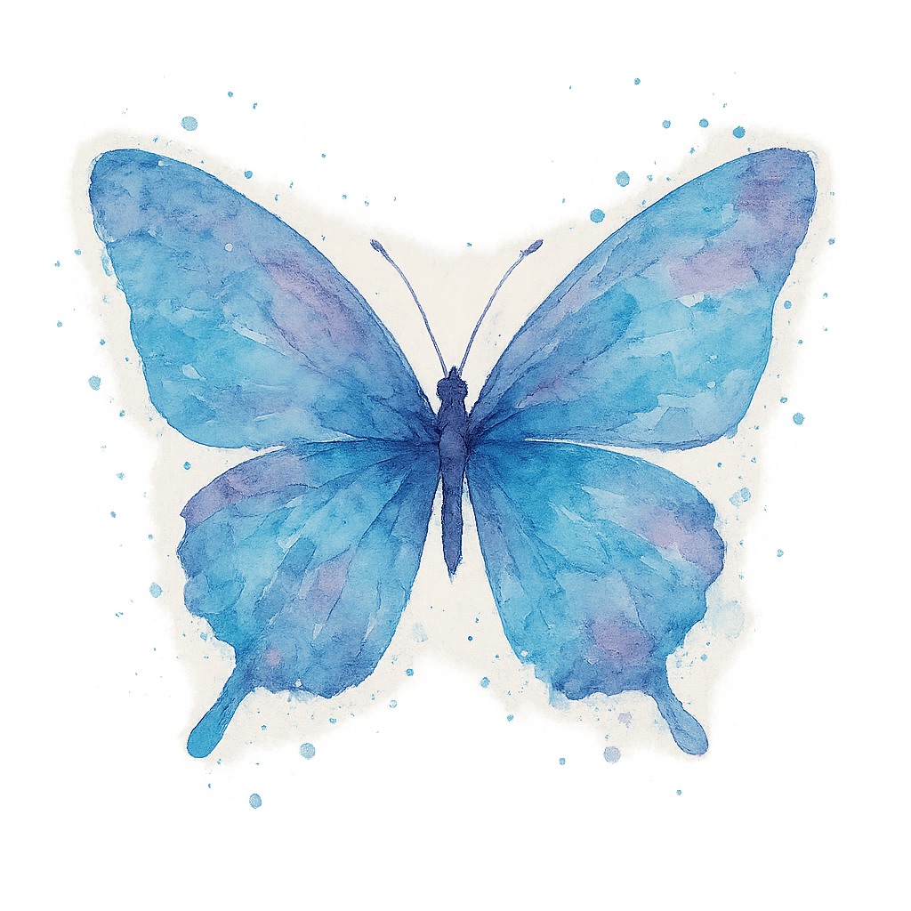 Watercolor butterfly illustration in blue and lavender tones, symbolizing growth, transformation, mindset shifts and self development.