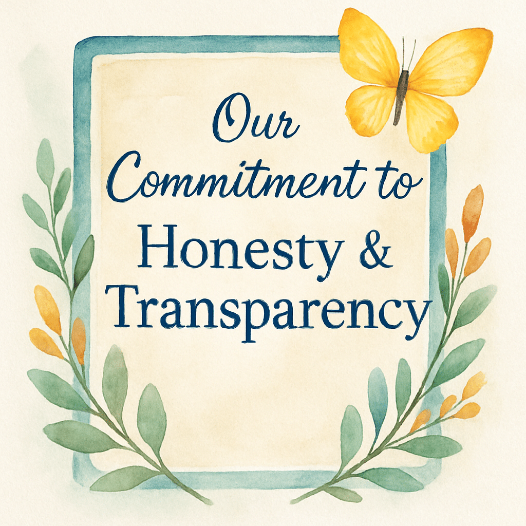 Watercolor banner with the words Our Commitment to Honesty & Transparency, framed by soft leaves and a yellow butterfly on a warm neutral background