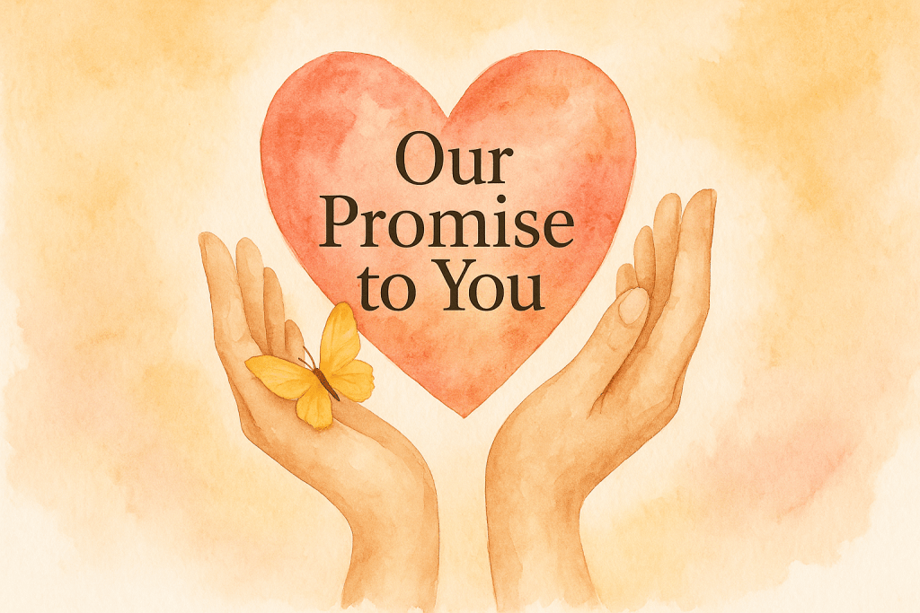 Watercolor hands gently cradling a heart with a small yellow butterfly and the words Our Promise to You in elegant dark text on a warm blush and golden background