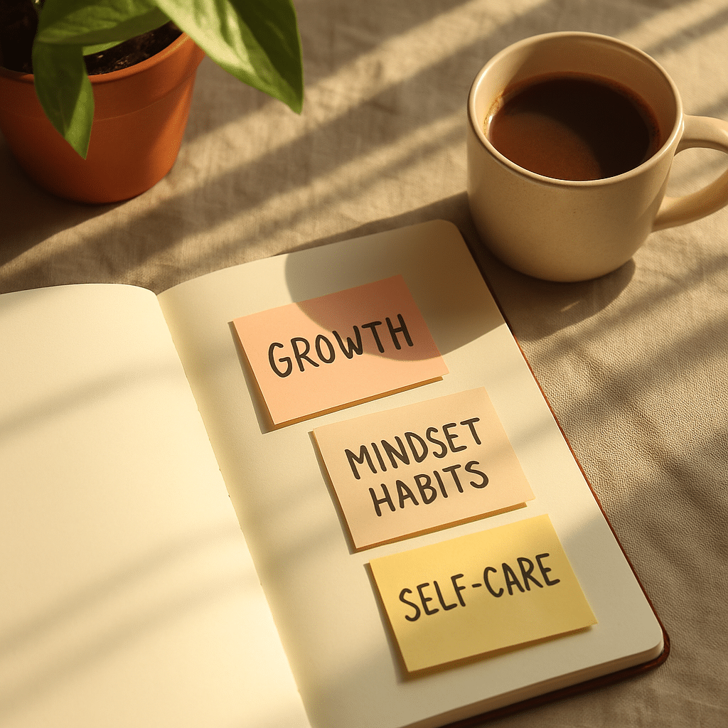 Open notebook with colorful sticky notes labeled Growth, Mindset Habits, and Self-Care beside coffee and a plant, symbolizing self development.