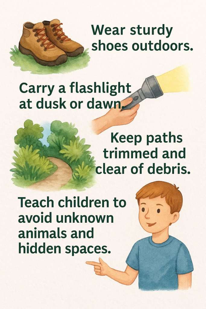Watercolor illustration showing snake bite prevention tips: wear sturdy shoes, carry a flashlight, keep paths trimmed, teach children awareness