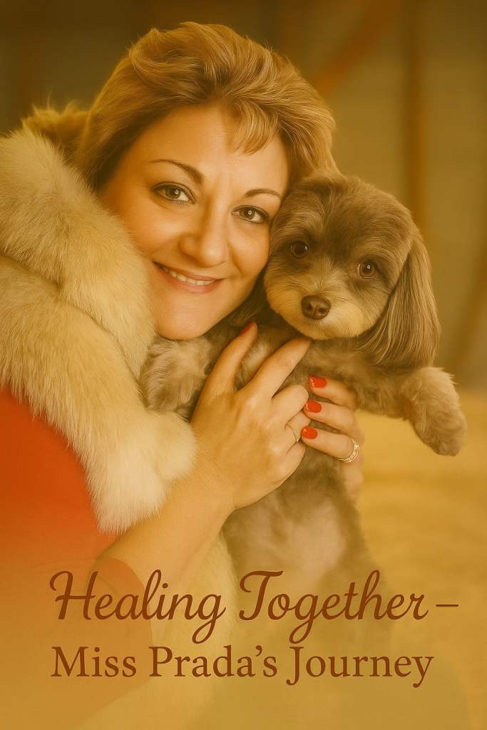 Jacqualyn Bellavia smiling and holding Miss Prada in a warm barn setting, symbolizing their unbreakable bond, love, healing, and her journey through Addison’s Disease and dog health challenges