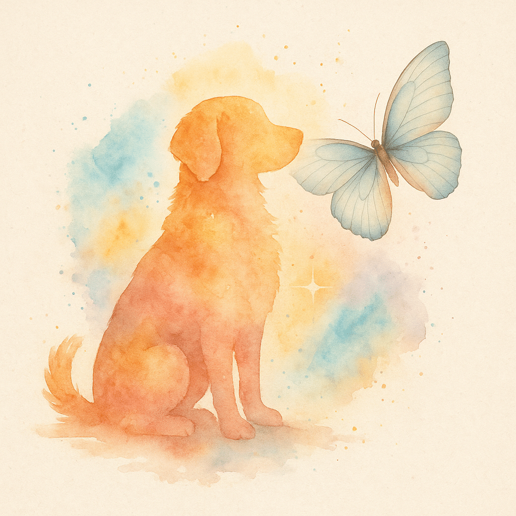 Watercolor silhouette of a dog with a soft blue butterfly, symbolizing hope, resilience, and Addison’s Disease awareness in dogs.