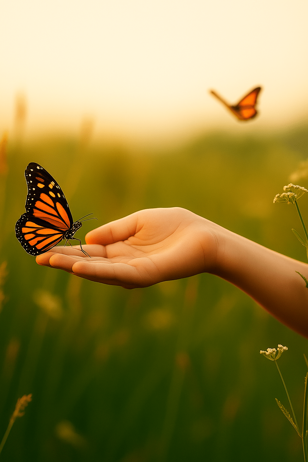 Butterfly resting gently on a hand in warm golden light, symbolizing renewal, balance, and natural wellness – My Favorite Health Depot